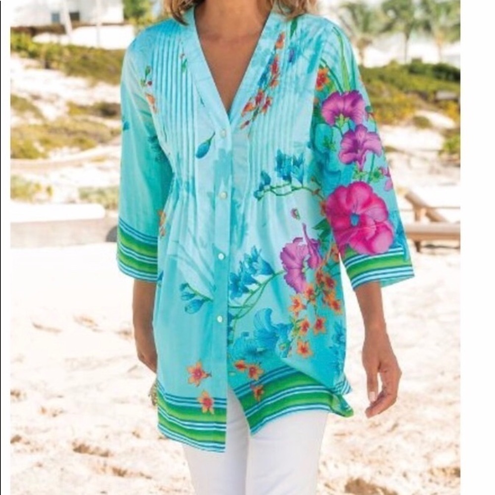 NWOT Soft Surroundings Blue Tropical Floral Top MP